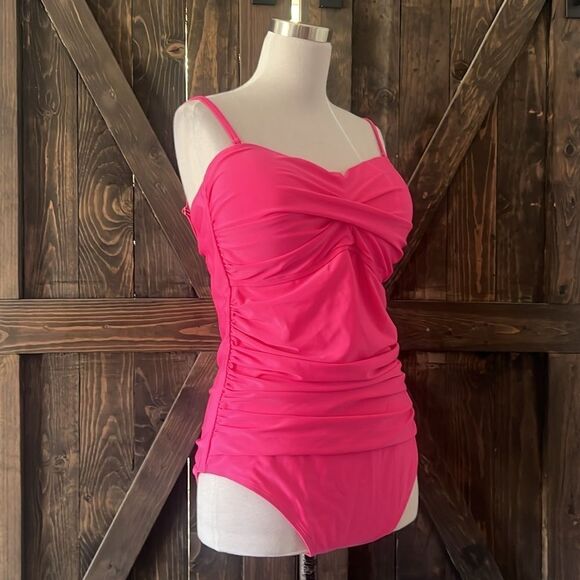 Relleciga Neon Rose Tummy Control Ruched Swimwear Strapless One Piece - Picture 4 of 12